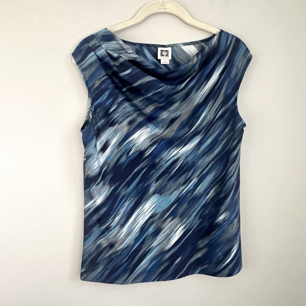 Ann Klein Cowl Sleeveless Top Blouse Blue Gray White Brushstroke Size M